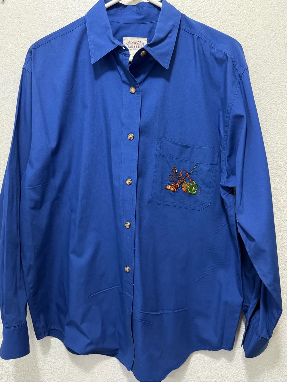 Susan Bristol vintage blue button down blouse with fishing embroidered pocket